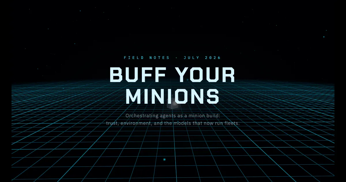Buff Your Minions title act — neon grid receding into a dark horizon