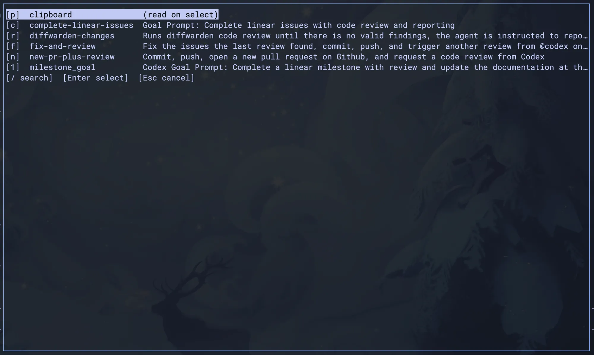 The tprompt prompt board open in a tmux popup, listing saved prompts by key