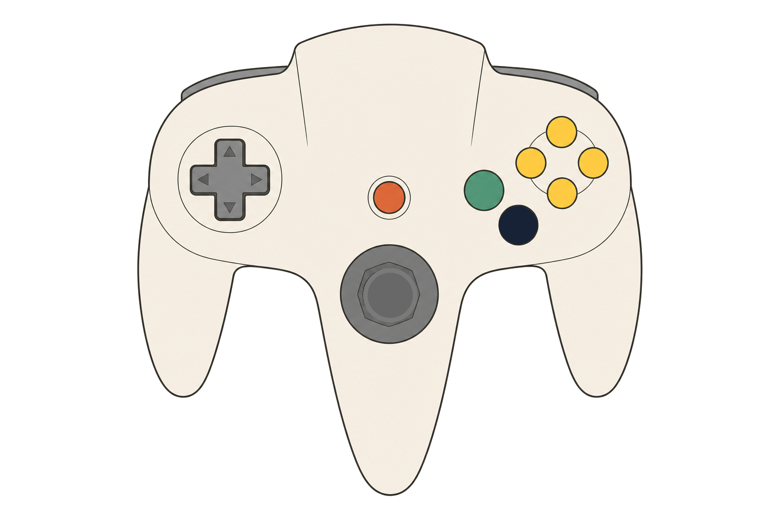 Flat illustration of an N64 controller with the stick and A button lifted out