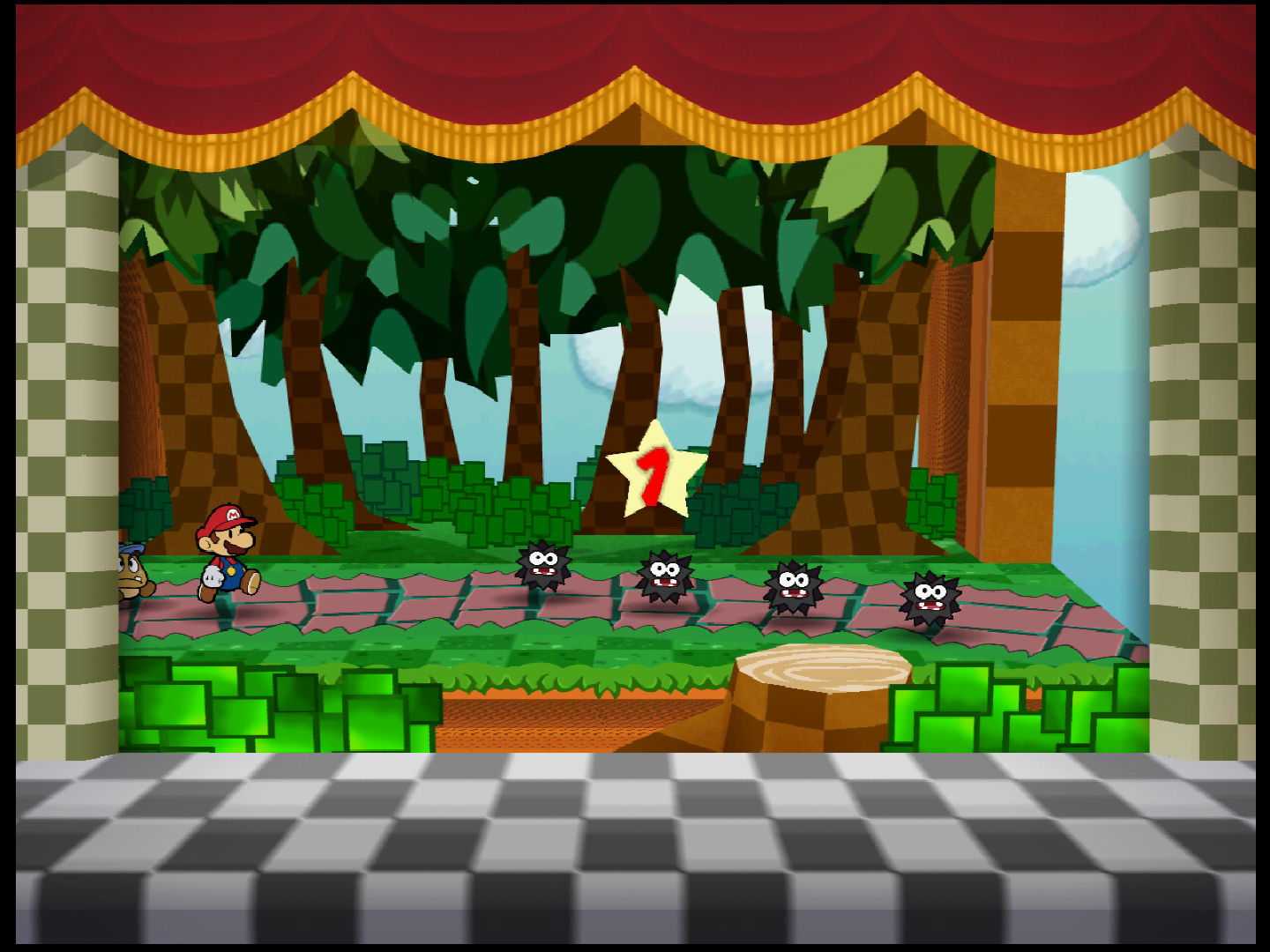 Paper Mario forest battle, broken strips through the canopy and sky versus continuous artwork in the later build · Later build