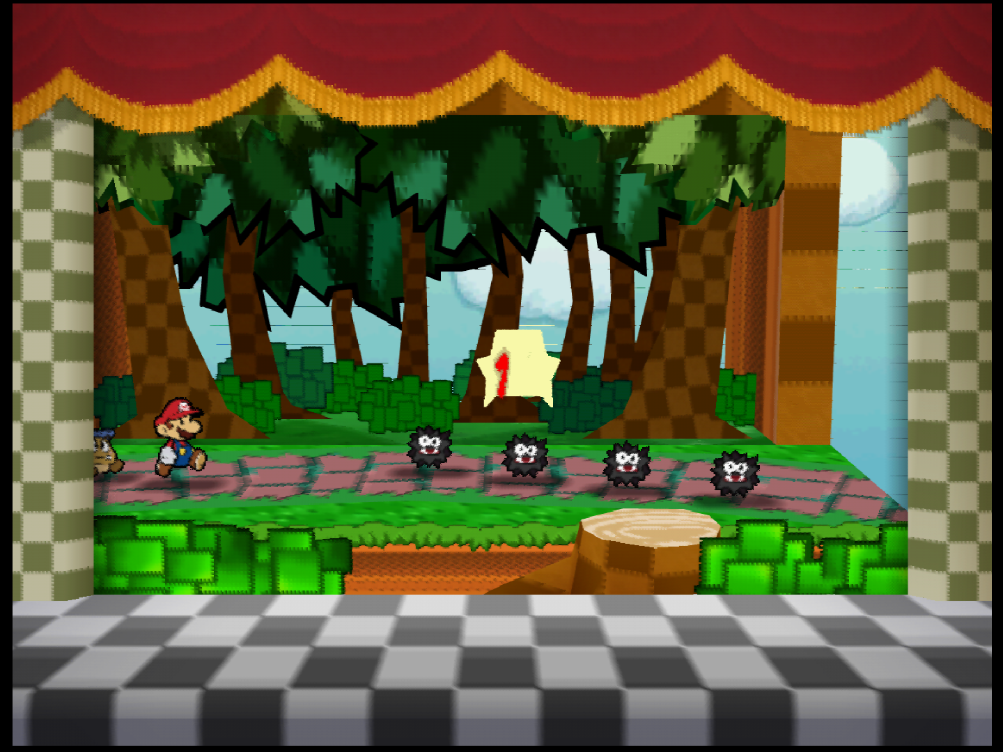 Paper Mario forest battle, broken strips through the canopy and sky versus continuous artwork in the later build · June 10
