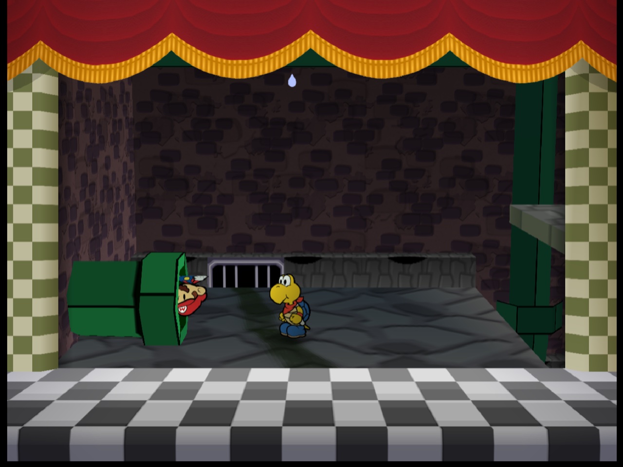 Paper Mario sewer scene, GLideN64 reference versus the mid-build parallel-ish frame with black-box sprite corruption · GLideN64 · reference