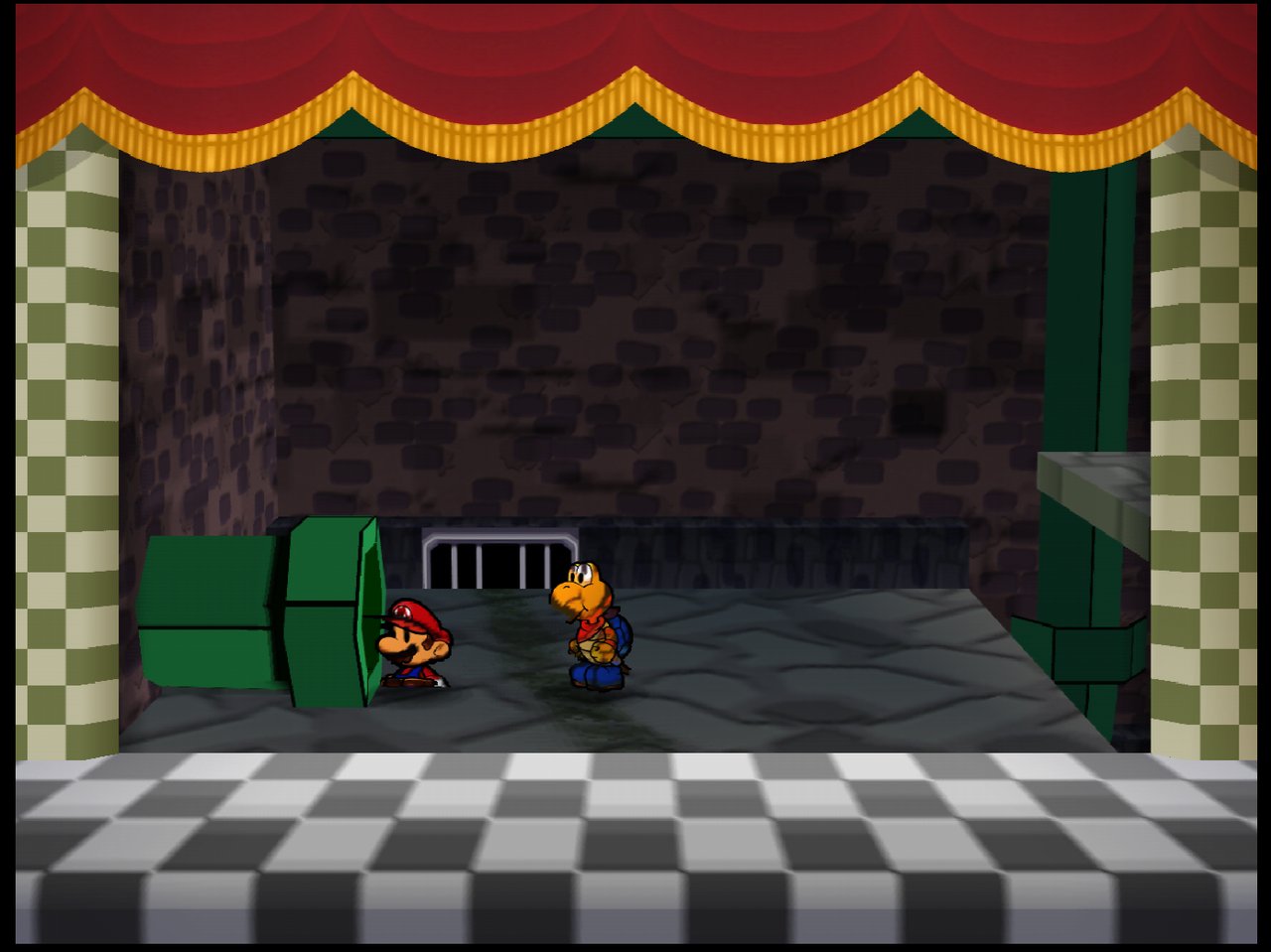 Paper Mario sewer scene, the June 12 build with sprite-box corruption versus the July 2 build with those boxes removed · parallel-ish · July 2