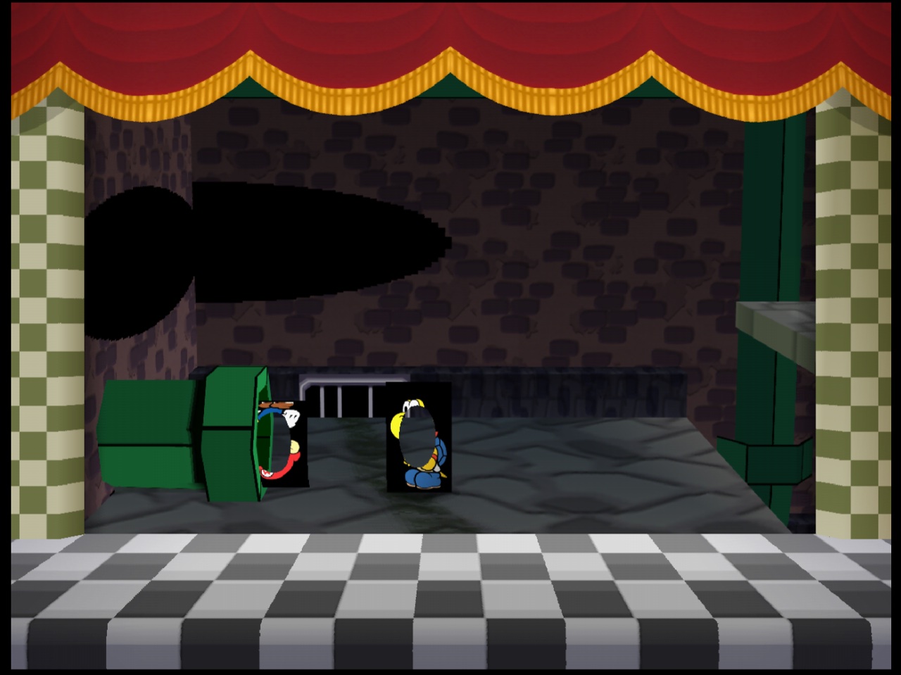 Paper Mario sewer scene, GLideN64 reference versus the mid-build parallel-ish frame with black-box sprite corruption · parallel-ish · mid-build